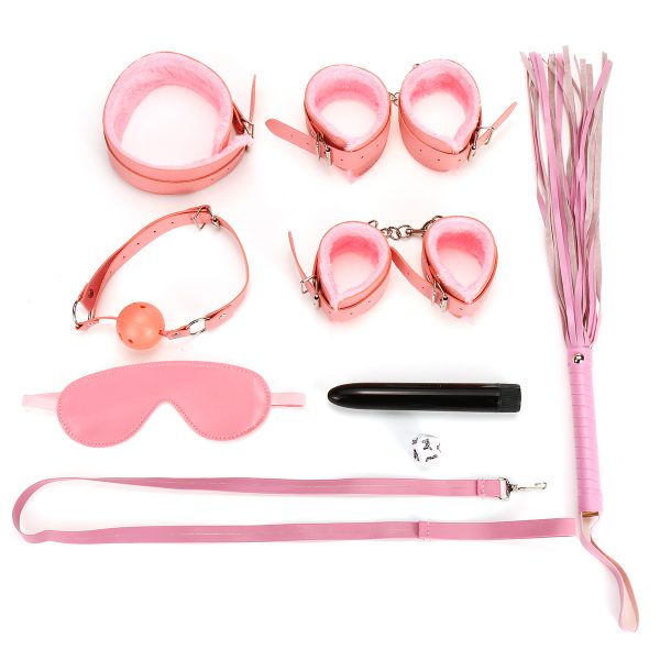 8pcs Bondage Restraint Set Mask Collar Whip Hand Ankle Cuffs Vibrator SM Sex Toys